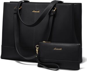 LOVEVOOK Laptop Tote Bag for Women 15.6 Inch Work Bag Leather Laptop Purse with Clutch, Large Computer Briefcase Bag for Office Business Teacher Black