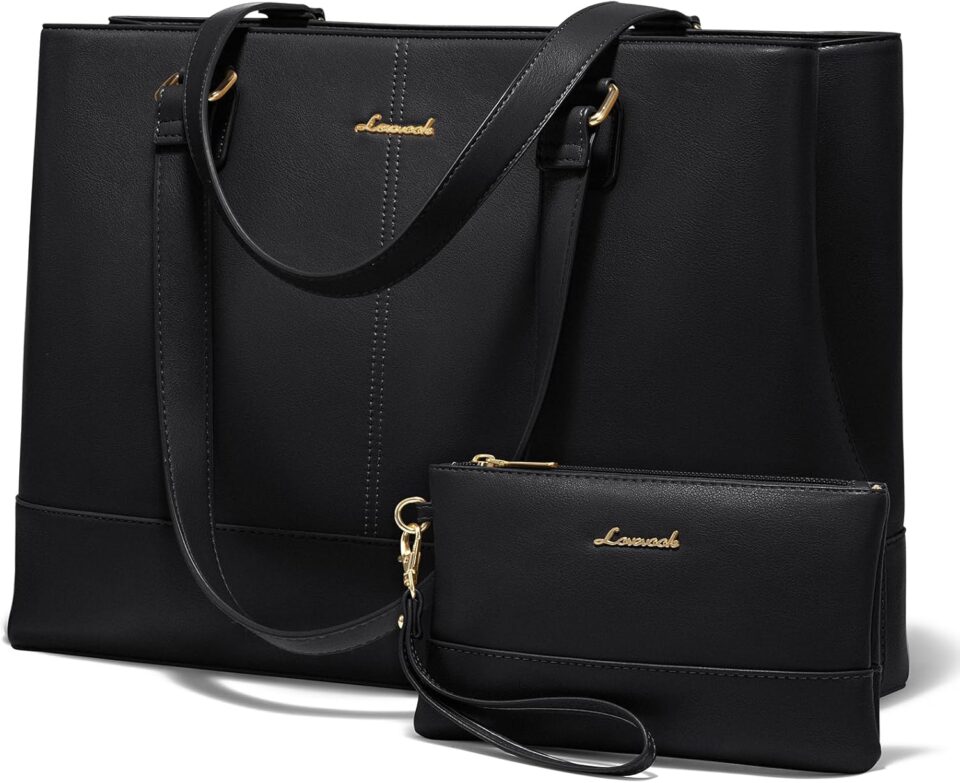 LOVEVOOK Laptop Tote Bag for Women 15.6 Inch Work Bag Leather Laptop Purse with Clutch, Large Computer Briefcase Bag for Office Business Teacher Black