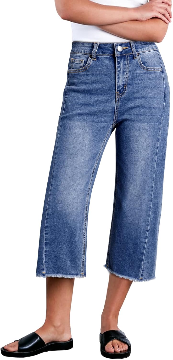 Sidefeel Women's Capri Jeans High Waisted Wide Leg Stretchy Raw Hem Side Seam Zimbaplatinum Denim Pants