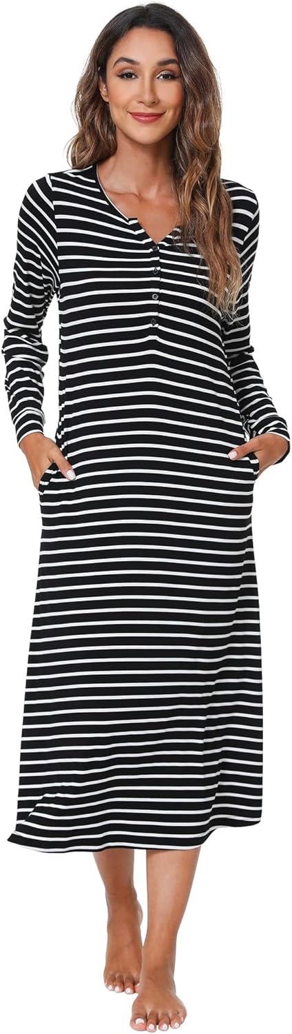 WiWi Nightgowns for Women Soft Sleepwear Long Sleeve Nightshirts Pajamas Gown Viscose from Bamboo Pjs S-XXL
