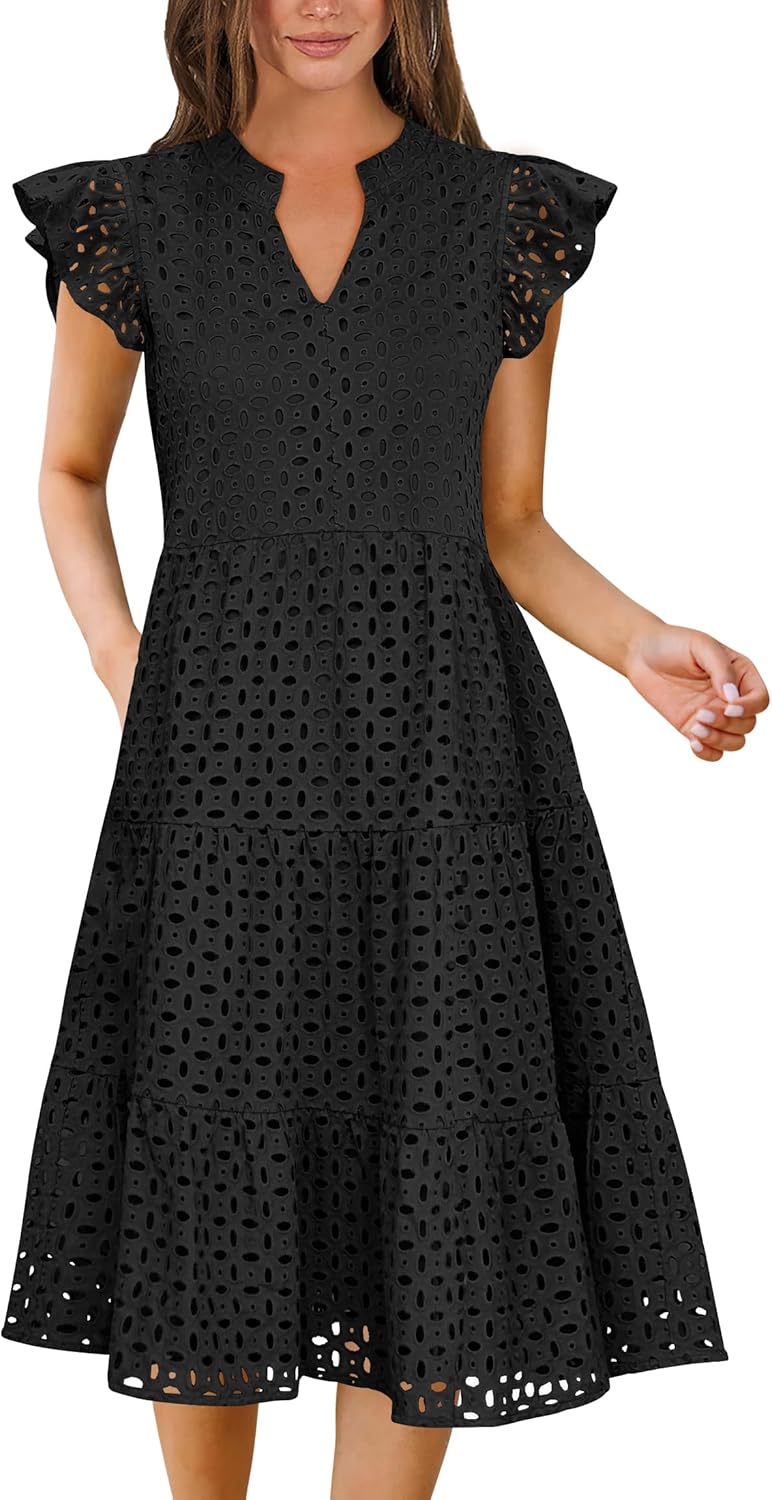 ANRABESS Womens 2025 Summer Midi Dress Hollow Out Eyelet Ruffle Sleeve V Neck Casual Flowy Tiered Beach Vacation Sundress
