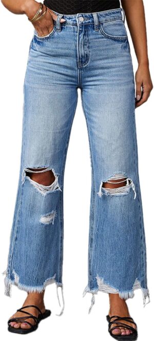 cffvdiz Women's Ripped Bell Bottom Jeans High-Rise Distressed Raw Edge Hem Boyfriend Wide Leg Denim Pants