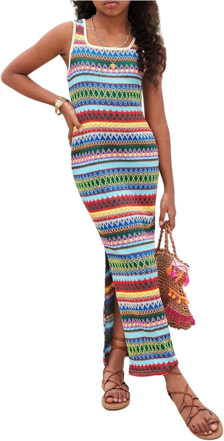 Girl's Summer Boho Striped Sleeveless Tank Dress - Square Neck Split Thigh Long Maxi