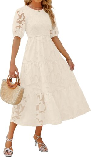 ZESICA Women's 2025 Summer Short Puff Sleeve Crewneck Smocked Floral Lace Flowy A Line Tiered Maxi Dresses