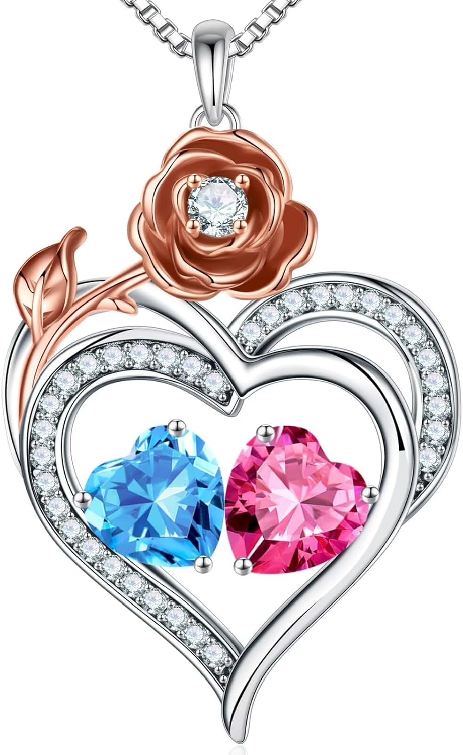 Iefil Rose Heart Birthstone Necklace Gifts for Wife Mom, Birthstone Jewelry Gemstone Valentines Mothers Gifts for Her Wife Women Mom Grandma