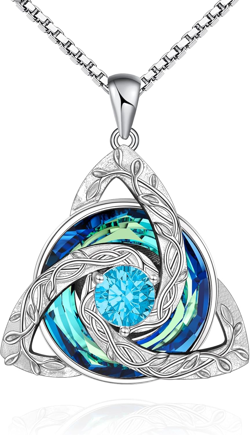 Distance Celtic Birthstone Necklace for Women, 925 Sterling Silver Trinity Knot Triquetra Austria Crystal Pendant, Birthstone Necklace Birthday Mother's Day Irish Scottish Gifts for Her