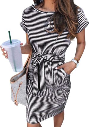 MEROKEETY Women's Summer Striped Short Sleeve T Shirt Dress Casual Tie Waist with Pockets