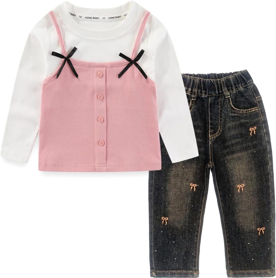 Peacolate 2-7T Spring Fall Summer Little Girls 2pcs Clothing Set T Shirt and Jeans