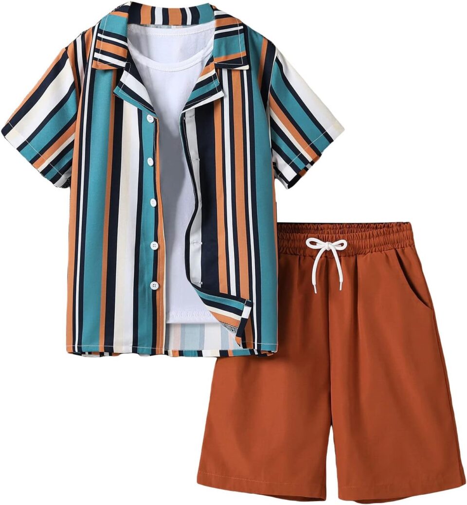 COZYEASE Boys' 2 Piece Striped Print Button Down Shirt with Drawstring Waist Shorts