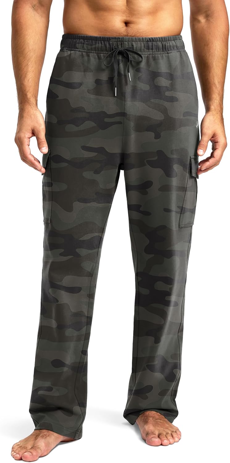 Pudolla Men's Cotton Sweatpants with Cargo Pockets Open Bottom Yoga Pants for Men Lounge Pants for Athletic Workout Casual