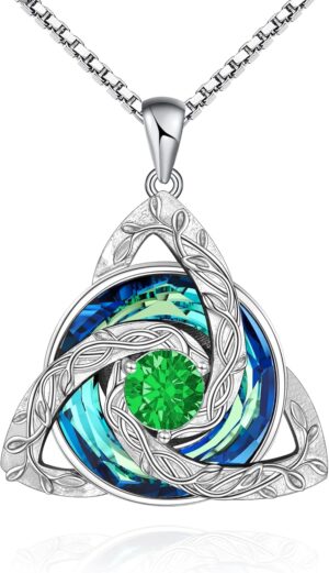 Distance Celtic Birthstone Necklace for Women, 925 Sterling Silver Trinity Knot Triquetra Austria Crystal Pendant, Birthstone Necklace Birthday Mother's Day Irish Scottish Gifts for Her