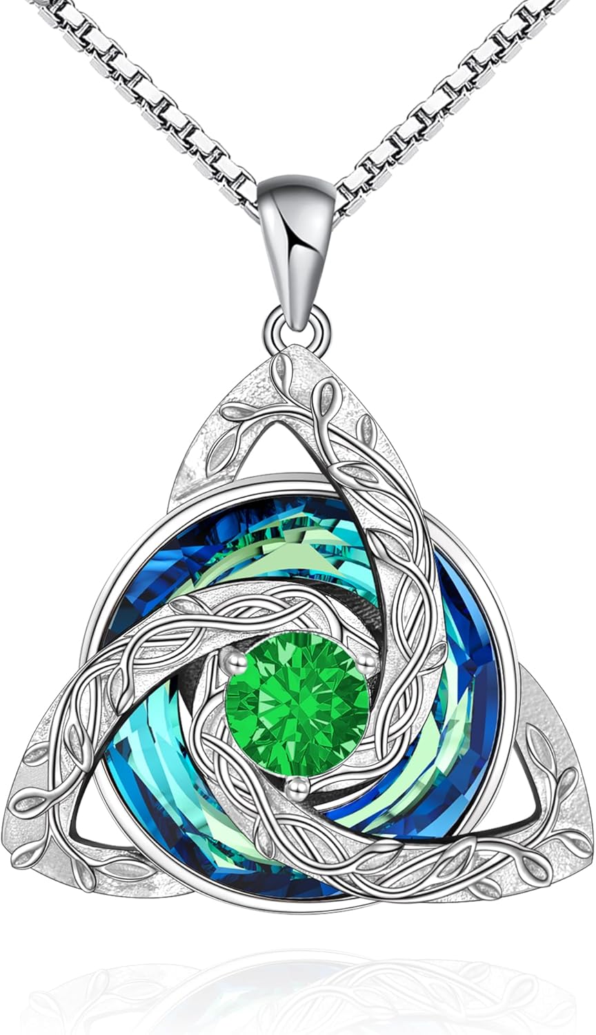 Distance Celtic Birthstone Necklace for Women, 925 Sterling Silver Trinity Knot Triquetra Austria Crystal Pendant, Birthstone Necklace Birthday Mother's Day Irish Scottish Gifts for Her