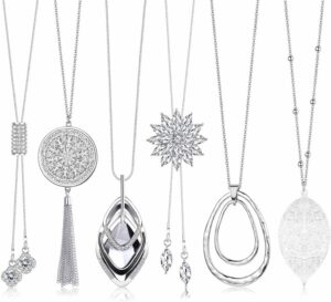 Jstyle 6Pcs Long Pendant Necklaces for Women Long Sweater Necklaces Silver Flower Tassel Disk Circle Leaf Statement Sweater Chain Necklace for Women Y Necklace Set Fashion Jewelry