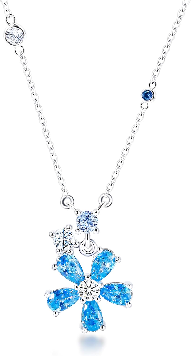 REYMEY Birthstone Amethyst, Aquamarine Floral Pendant | Sterling Silver Jewelry | Cubic Zirconia Necklace for Women | Surprises for Christmas, Valentines, Graduation |