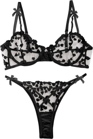 Lilosy Sexy Underwire Cute Push Up Strappy Embroidered Mesh Sheer Lingerie Set See Through Panty Bra