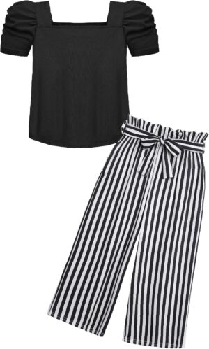 Arshiner Girls 2 Pieces Outfits Kids Square Neck Puff Sleeve Tops and Pants Set with Pockets 6-14 Years