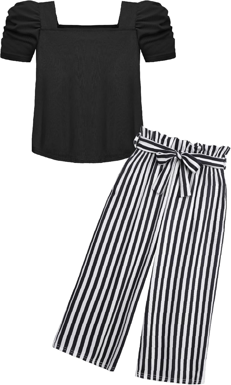 Arshiner Girls 2 Pieces Outfits Kids Square Neck Puff Sleeve Tops and Pants Set with Pockets 6-14 Years