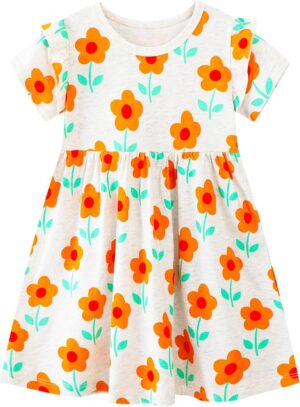 Toddler Girls Cotton Embroidery Applique Short Sleeve Dresses 2-7Y