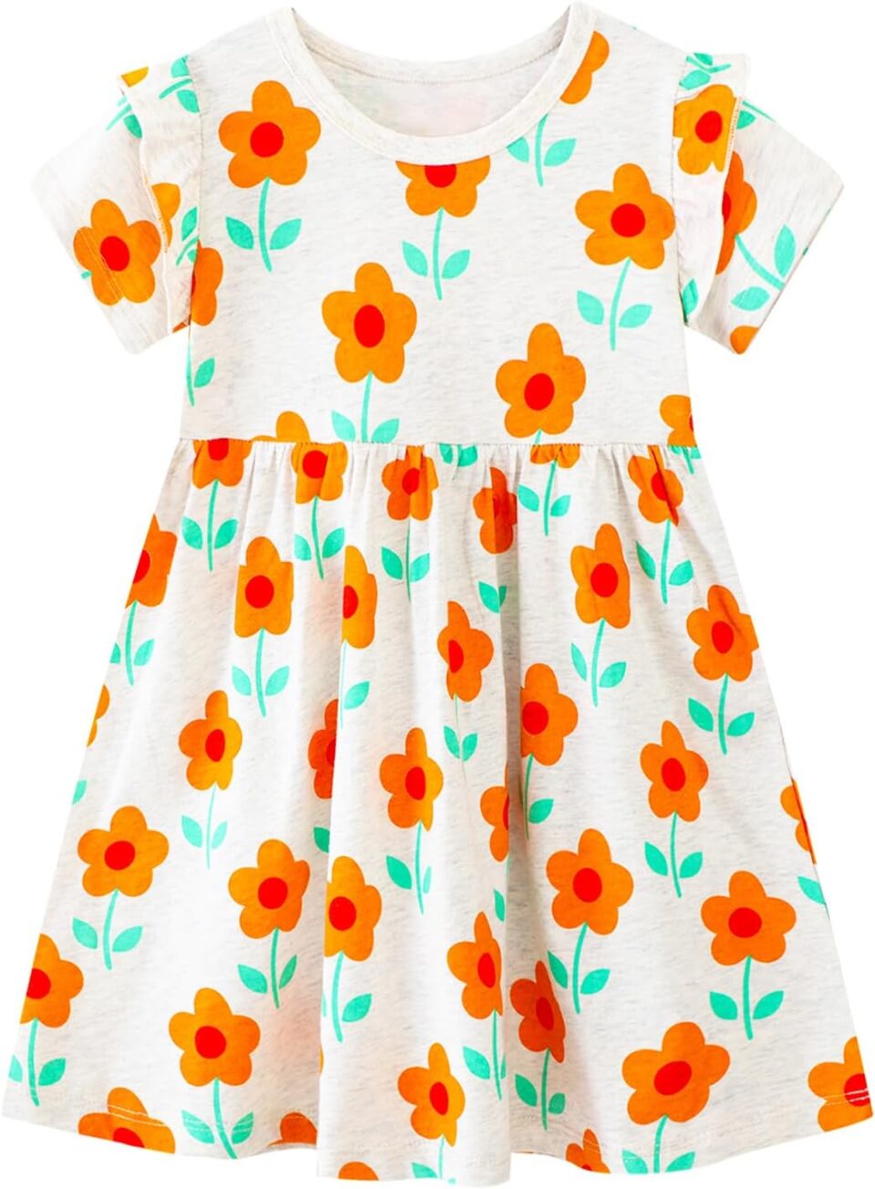 Toddler Girls Cotton Embroidery Applique Short Sleeve Dresses 2-7Y