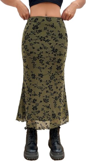 Verdusa Women's Lettuce Trim High Waist Mesh Fishtail Bodycon Long Skirt