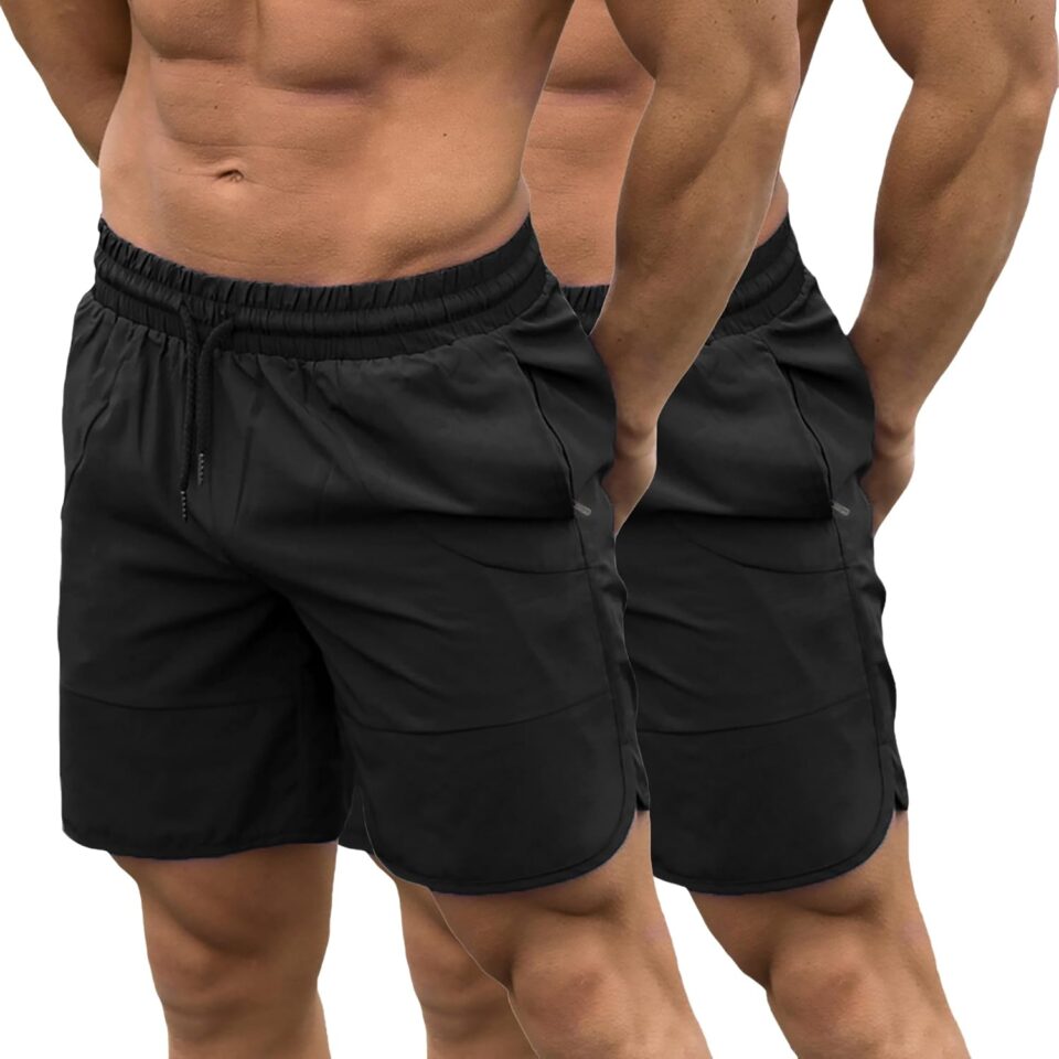 TEZO Mens 2 Pack Gym Athletic Running Workout Shorts 7" Drawstring Elastic Waist Quick Dry Shorts with Zipper Pockets Casual