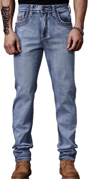 Men's Embroidered Relaxed Fit Jeans with Comfort Flex Waist Stretch Denim Casual Jeans Unique Design Classic Fit for Men