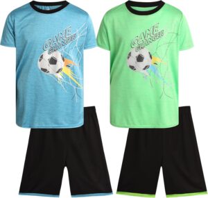 Pro Athlete Boys Shorts Sets - 4 Piece Dry Fit Short Sleeve Crewneck Graphic Tee and Performance Shorts for Boys (Sizes 8-16)