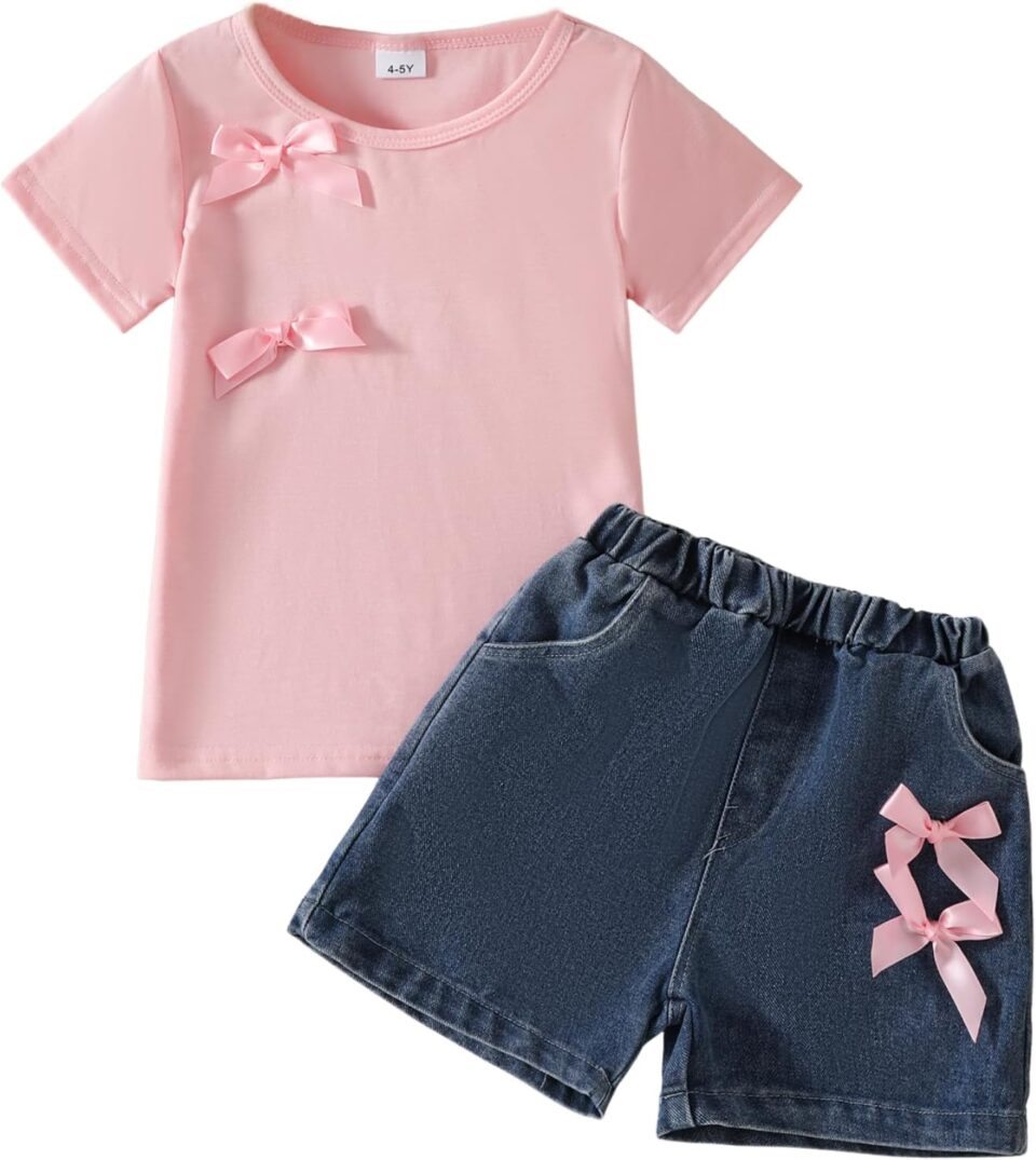 kid Young Girl Clothes Outfits Cute Sweet Bowknot Print T-Shirt + Bowknot 2 In 1 Denim Short Summer Clothing Set