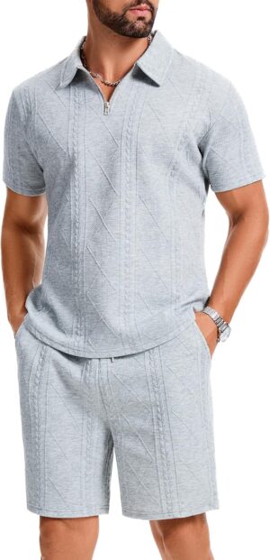Men's 2-Piece Activewear Set Zip-Up Polo and Drawstring Pants with Slant Pockets Set S-2XL