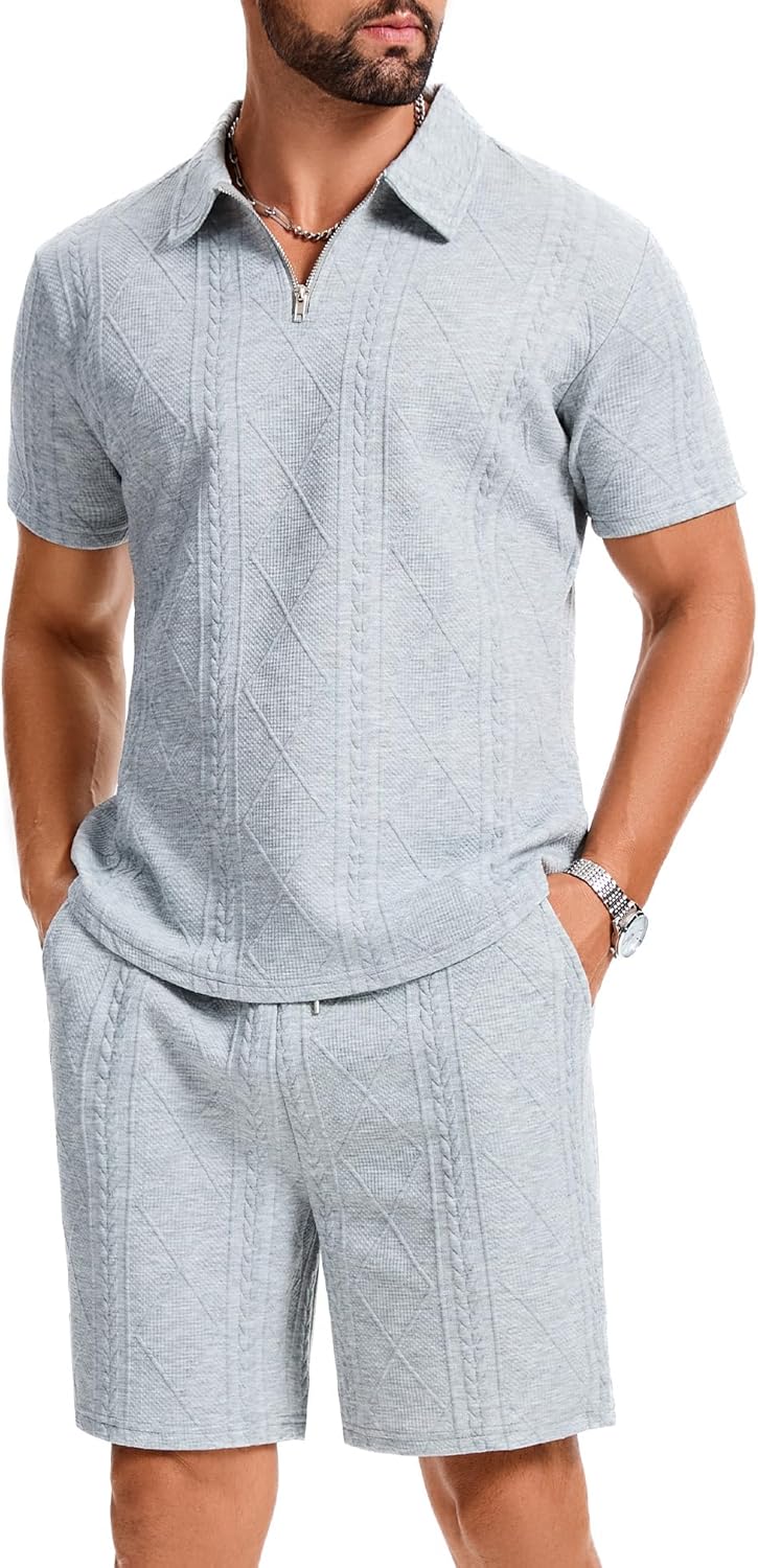 Men's 2-Piece Activewear Set Zip-Up Polo and Drawstring Pants with Slant Pockets Set S-2XL