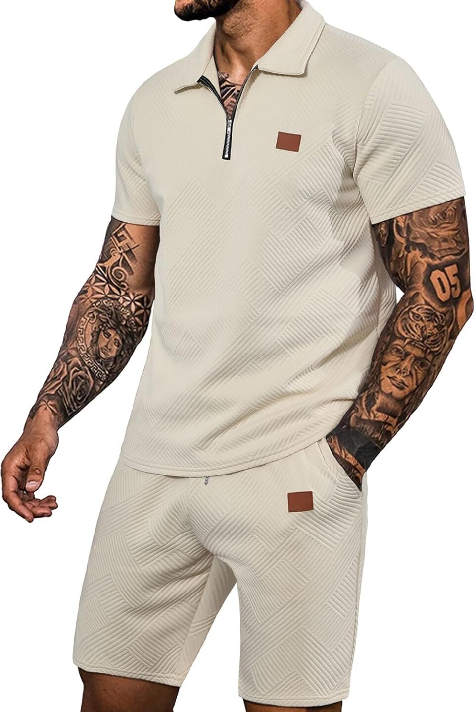 Ryehack Men's 2 Piece Sweatsuits Outfits Jacquard Zip Polo Shirt Sweatshirt Joggers Sweatpants Tracksuit Set