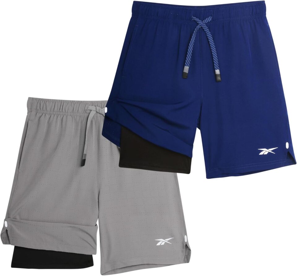 Reebok Boys Athletic Shorts 2 Pack – 2-in-1 Boys Basketball Shorts with Compression Liner – Quick Dry Running Shorts