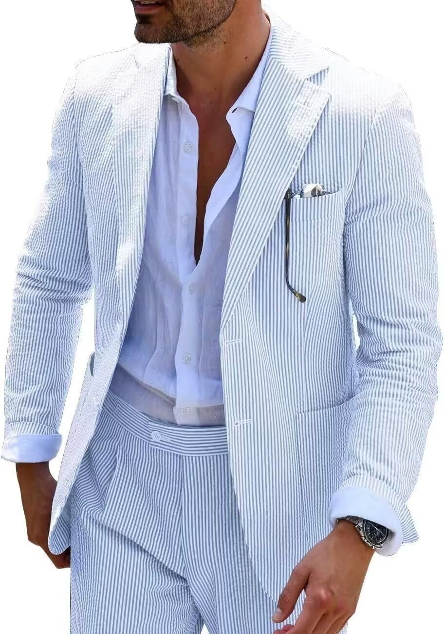 Wehilion Men 2 Pieces Seersucker Suit Casual 2 Button Slim Fit Striped Suits for Men Summer Wedding Prom Suit Jacket Pants