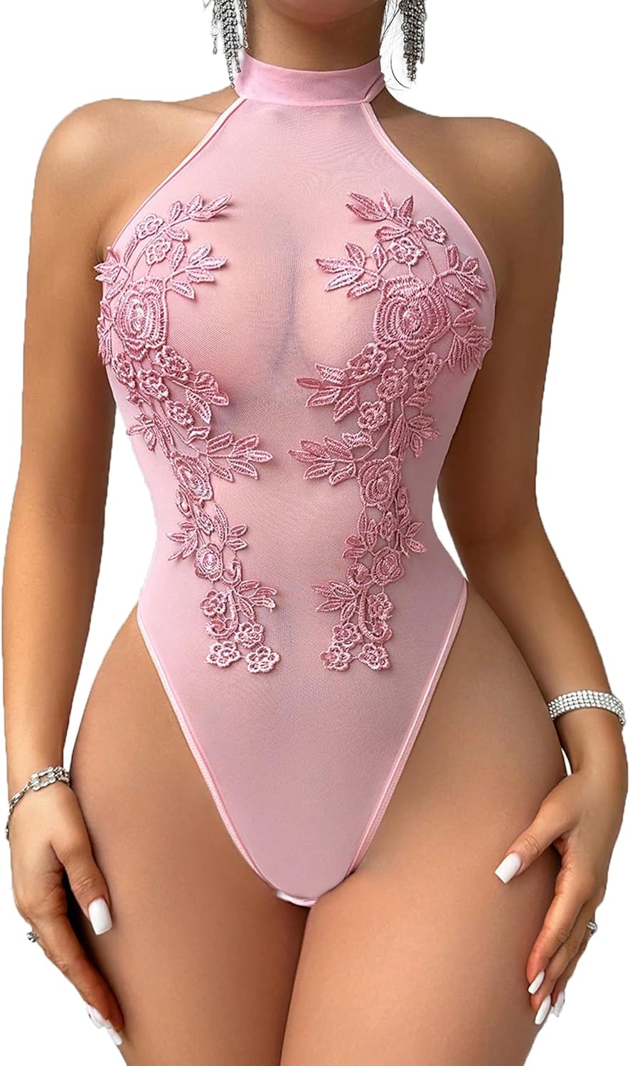 Women Teddy Lingerie Sexy Mesh Bodysuit Halter Snap Crotch Body Suits Sheer Emboroidered One Piece Babydoll