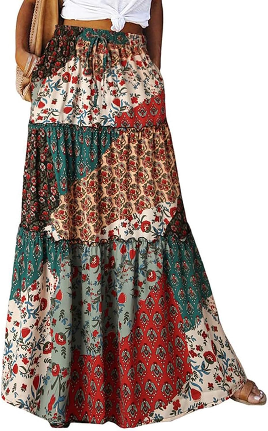 Women's Skirts 2025 Summer Casual High Waist Tie Boho Vacation Beach Long Skirt with Pockets