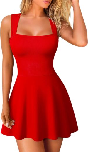 OQQ Women's Square Neck A-line Dress Sleeveless Tank Top Stretch Flare Mini Dresses