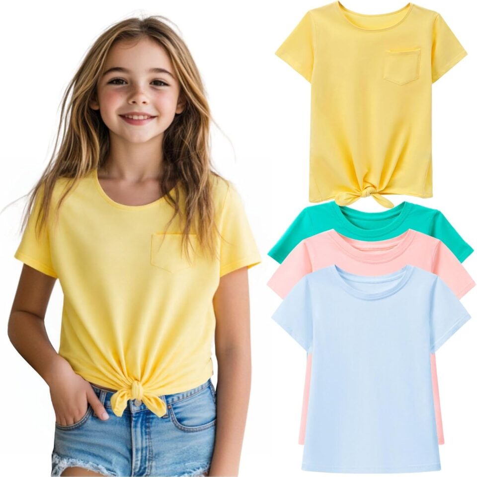 HILEELANG 4 Packs Girls Shirts Summer Short Sleeve Cotton Soft Plain Solid Pure Color Tops Tee Basic Shirts
