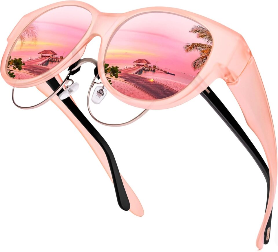 URUMQI Sunglasses Fit Over Glasses for Women, Polarized UV400 Protection Sun Glasses Trendy Round Cat Eye Shades Large Lens