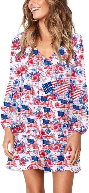 Women's Bell Sleeve V Neck Cute Style Holiday Patriotic American Flag Red White Blue Party Dress