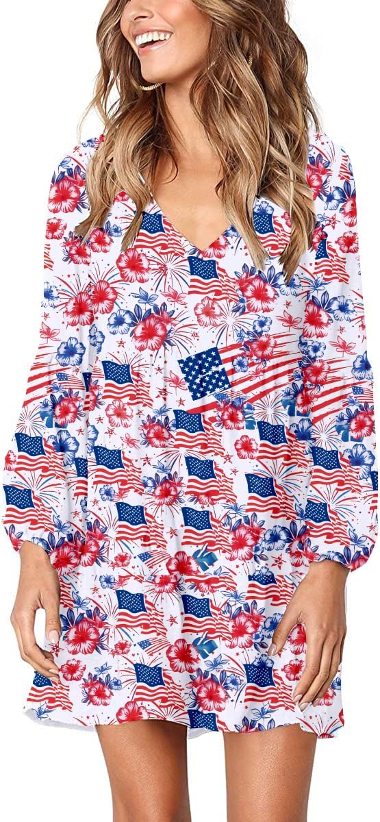 Women's Bell Sleeve V Neck Cute Style Holiday Patriotic American Flag Red White Blue Party Dress