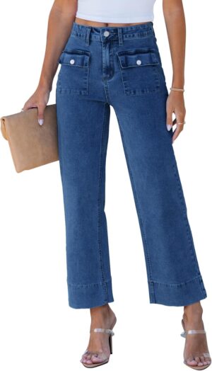 GRAPENT Wide Leg Jeans for Women Trendy High Waisted Straight Leg Cropped Stretchy Denim Pants with Retro Patch Pockets