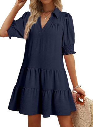 Dokotoo Casual Dresses for Women Lapel Collared V Neck Mid Sleeved Pleated Summer Dresses for Women 2025 Midi Dresses