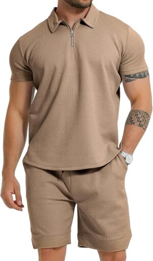 GYMELITE Men's 2 Piece Short Sets Outfits Summer Polo Shirts and Shorts Casual Zip Short Sleeve Fashion Shorts Tracksuit Set