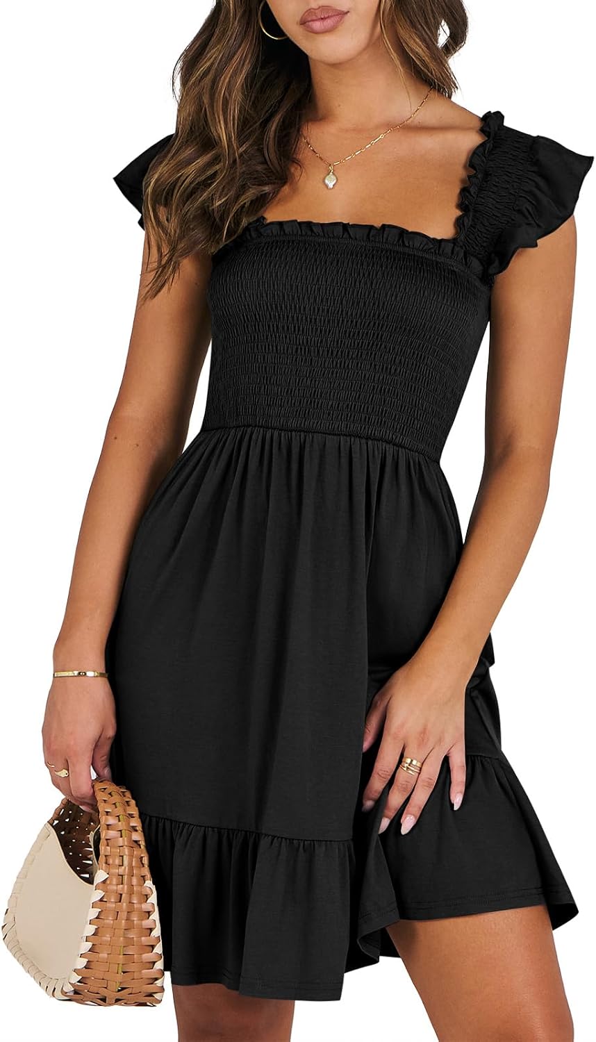 ANRABESS Women's Summer Casual Sleeveless Square Neck Dress 2025 Smocked Ruffle Backless Boho Beach Cute Teen Short Sundress