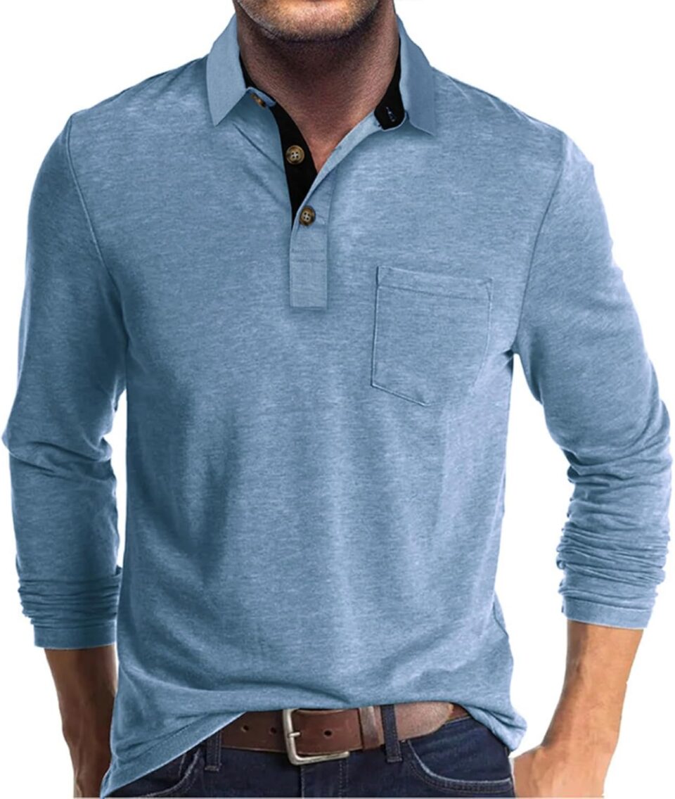Men's Long Sleeve Polo Shirts Casual Button Classic Work Shirt Cotton Collared Basic Golf Shirt with Pocket