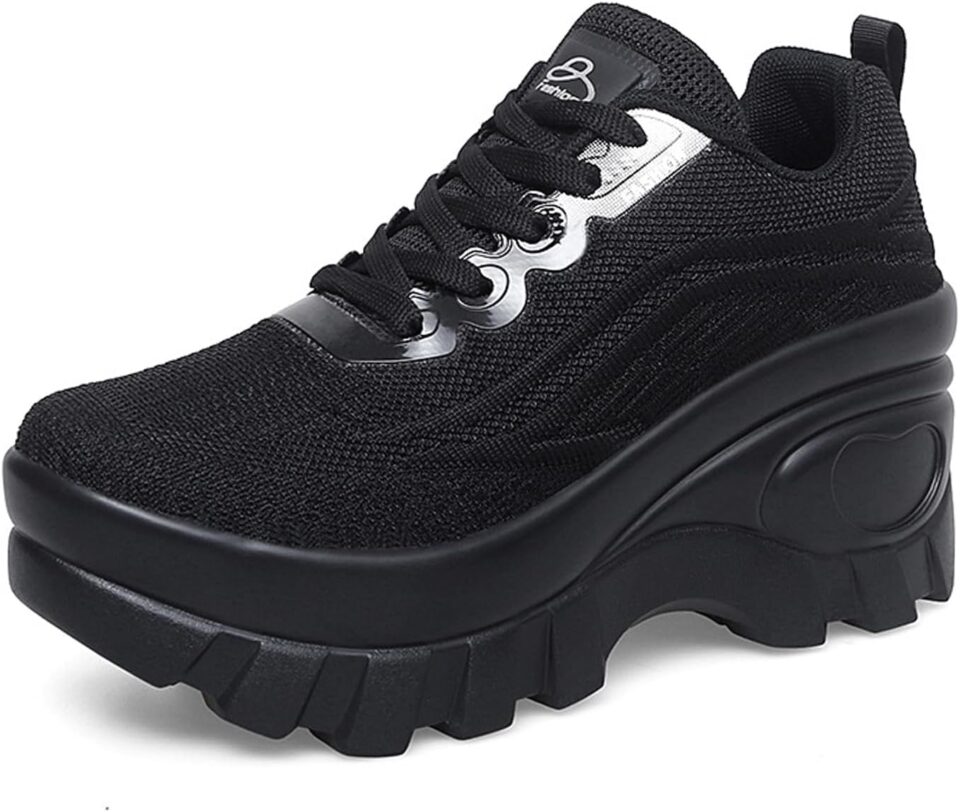 Women's Chunky Platform Comfort Orthopedic Wedge Walking Shoes Fashion Sneakers Knitted Breathable Lace Up Lug Sole Casual Non-Slip Work Shoes