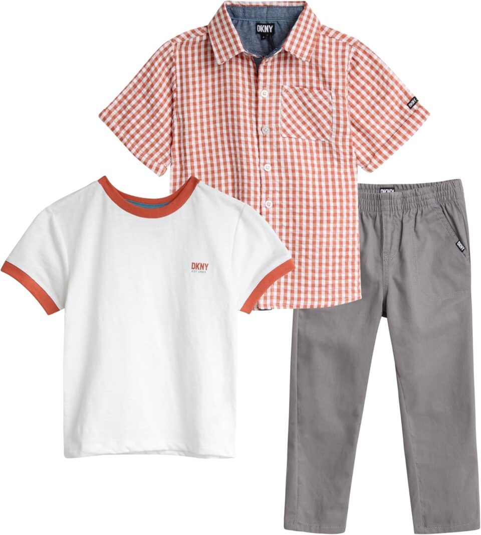 DKNY Toddler Boys' Pants Set - 3 Piece Short Sleeve Button Down Shirt, Casual T-Shirt, and Twill Pull On Pants (Sizes: 2T-7)