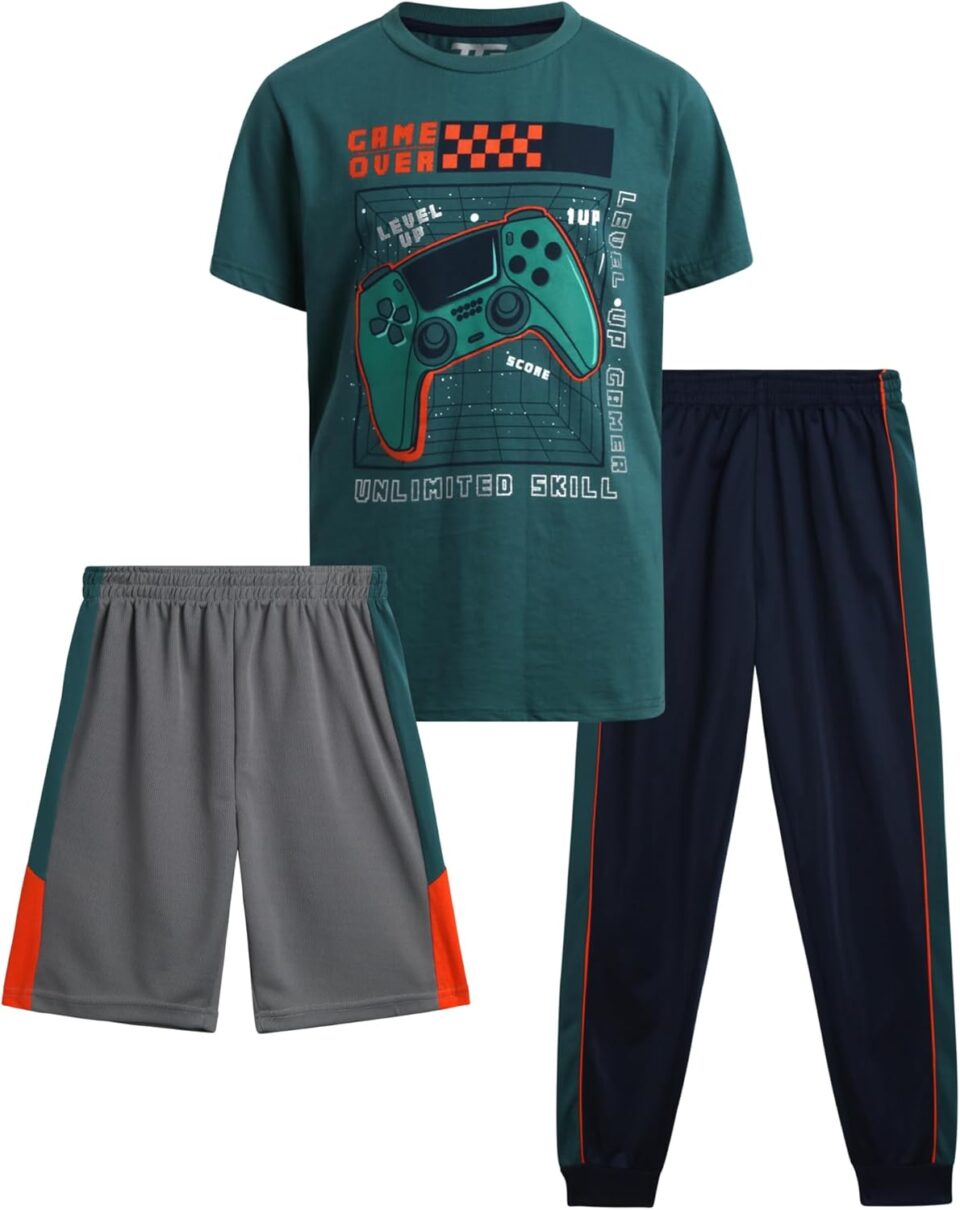 Pro Athlete Boys' Active Pants Set - 3 Piece Performance T-Shirt Shorts and Jogger Sweatpants - Sport Outfit for Boys (8-16)