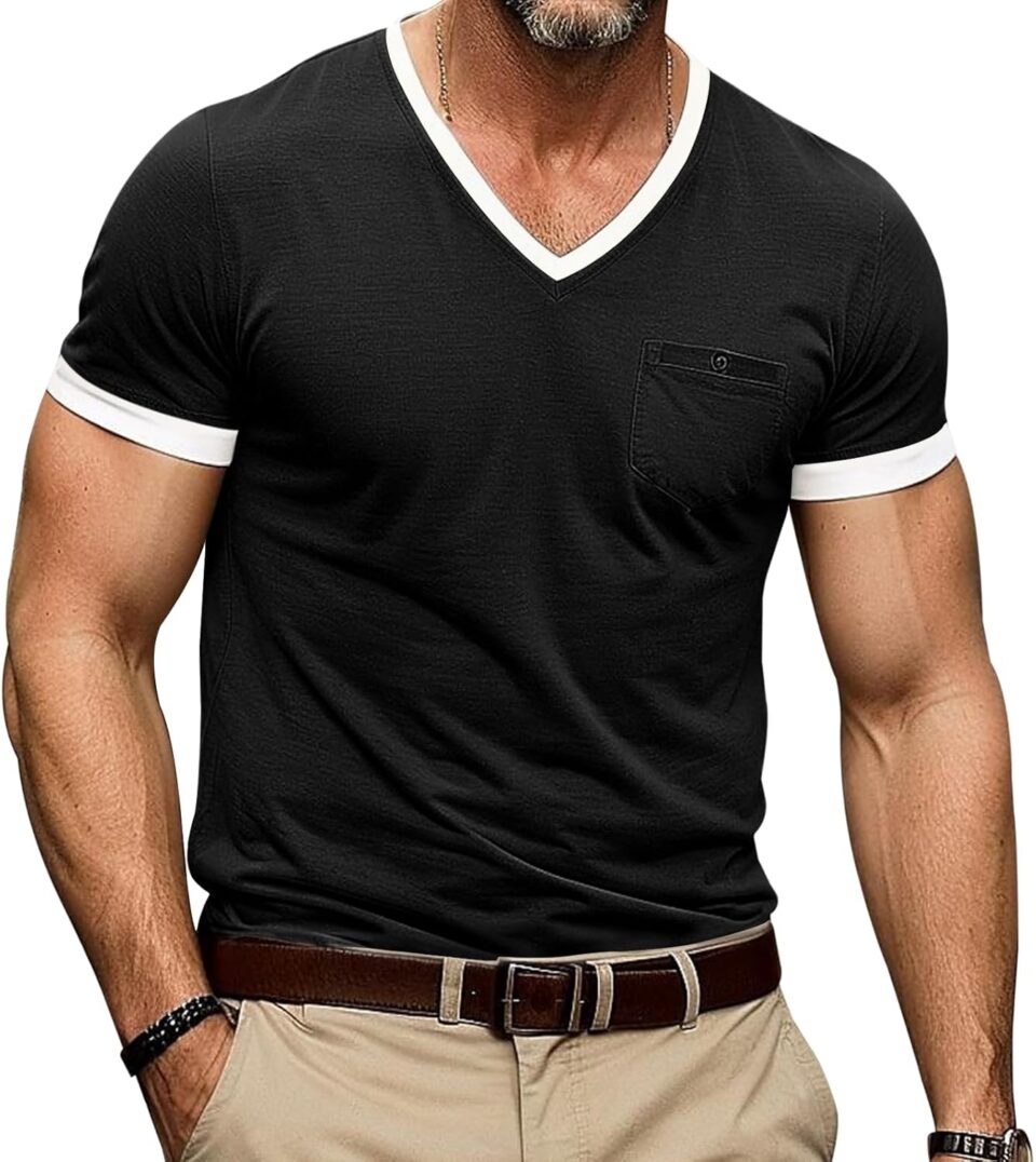 Angbater Men’s Muscle V Neck Shirts Short Sleeve Casual Slim Basic Tee Shirts Summer Lightweight T Shirts with Pocket