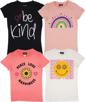 MISS POPULAR Girls 4-Pack Super Soft Short Sleeve T-Shirts Rainbow Butterfly Glitter Print Cute Design| Sizes 7-16